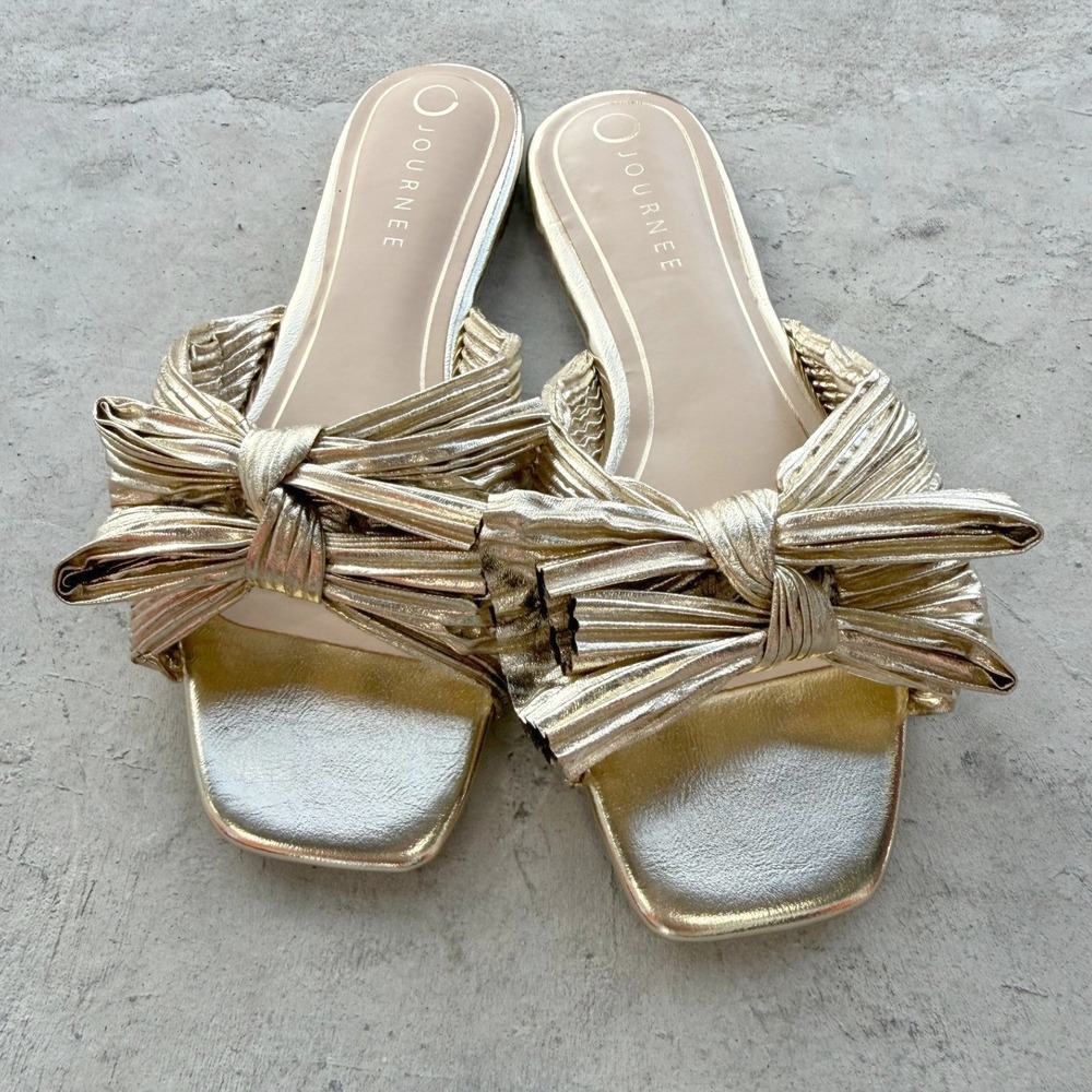 Journee Gold Serlina-WD Slide Sandals Women Size 9W Pleated Bow Square Toe Flat